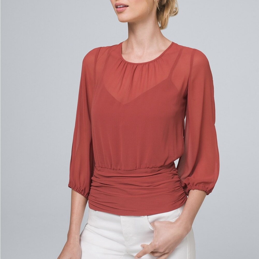 White House Black Market Rust Red Sheer Ruched Waist Blouse